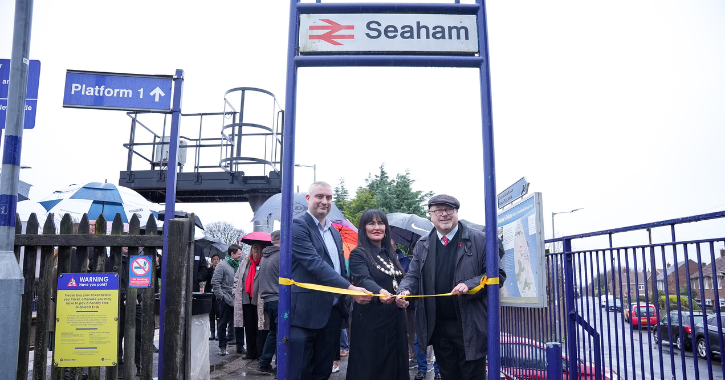 From left to right Chris Brandon (Grand Central Director), Margaret Levitt (Mayor of Seaham) and Grahame Morris MP cut the ribbon at Seaham station.